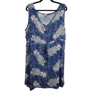 Palmwave Hawaii Blue Pineapple Print Rayon Dress V-Neck Drawstring Womens XL